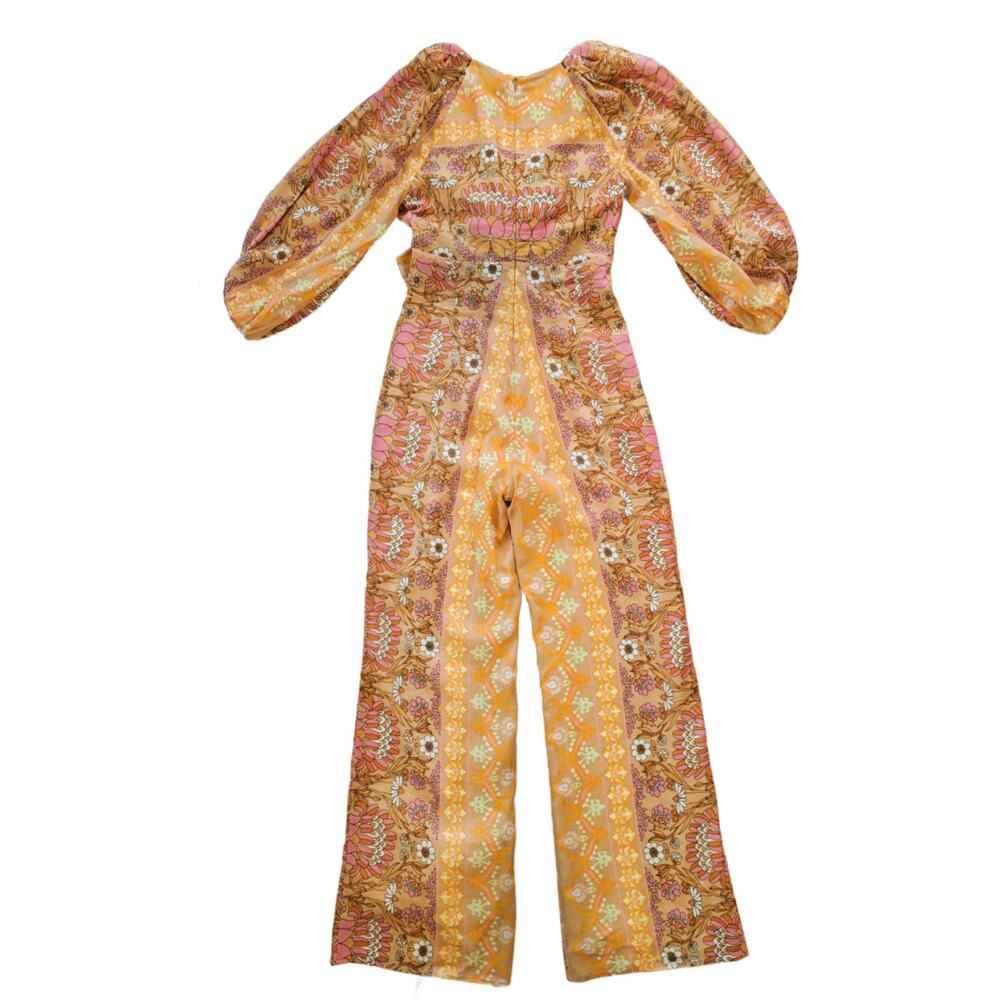 SANDRO Dieppe Printed Wide Leg Jumpsuit Size 36/4 Tan Retro Floral Cutout Plunge - Picture 9 of 11